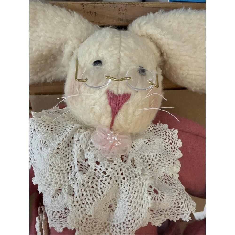 2 Vintage Handmade Bunnies Rabbits Plush Stuffed Animal 15”/9” Wool Lace Glasses - Picture 2 of 16